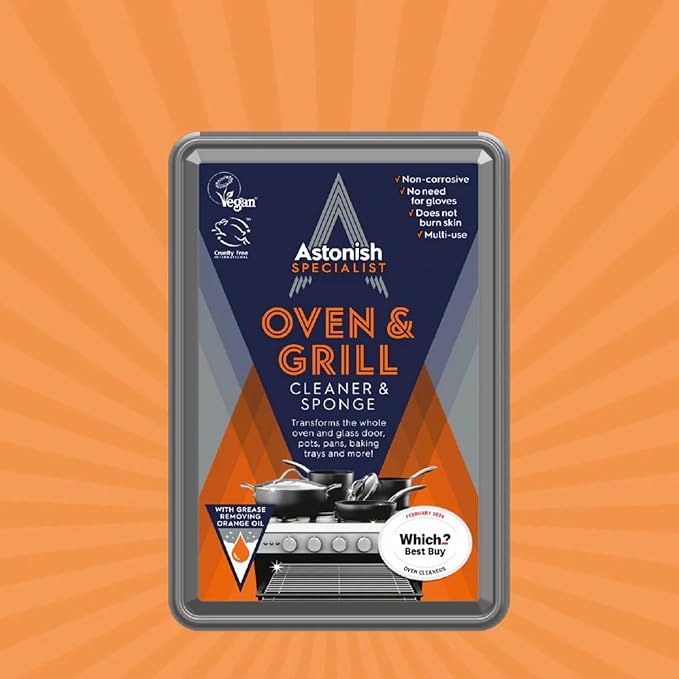 Astonish Specialist Oven & Grill Cleaner & Sponge, 250g – Powerful Degreasing Paste with Orange Oil, Restores Shine Without Harsh Chemicals – For Ovens, Grills, Racks & Toughened Glass