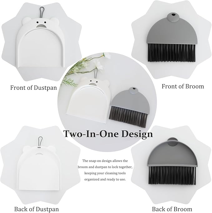 Small Broom and Dustpan Set Mini Hand Broom and Brush Set Handheld Broom and Dust Pan Set - Cute Bear Design, Compact Cleaning Tool for Desktop Countertop Table Windowsill Home Kitchen