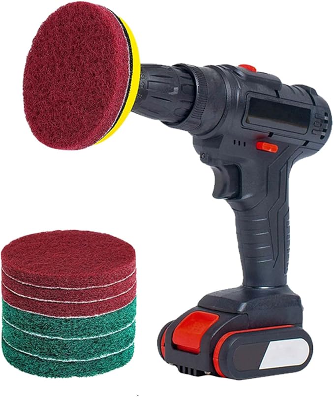 4 Inch Drill Powered Brush Tile Scrubber Scouring Pads,6 Scrubbing Pads with 4 Inch Pad Holder,1Quick Change Hex Shaft for Kitchen Bathroom Grout Tub Grill Cleans Large Flat Areas
