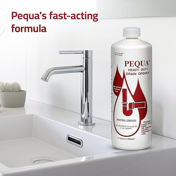 PEQUA INDUSTRIES P-10232 Pequa Heavy Duty Drain Opener, Non-Acid, Fast-Acting Formula, Industrial strength Drain Cleaner for Sinks, Tubs, Septic Tanks - 32 Oz (Pack of 2)