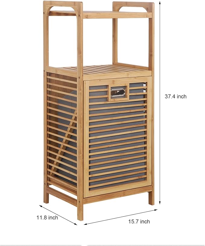 LOYALHEARTDY 37.4'' Tilt Out Laundry Hamper, 2-Tier Bamboo Laundry Hamper Cabinet Floor Stand Bathroom Storage Shelf Cabinet Clothes Organizer Laundry Shelf for Laundry Room Bathroom Bedroom