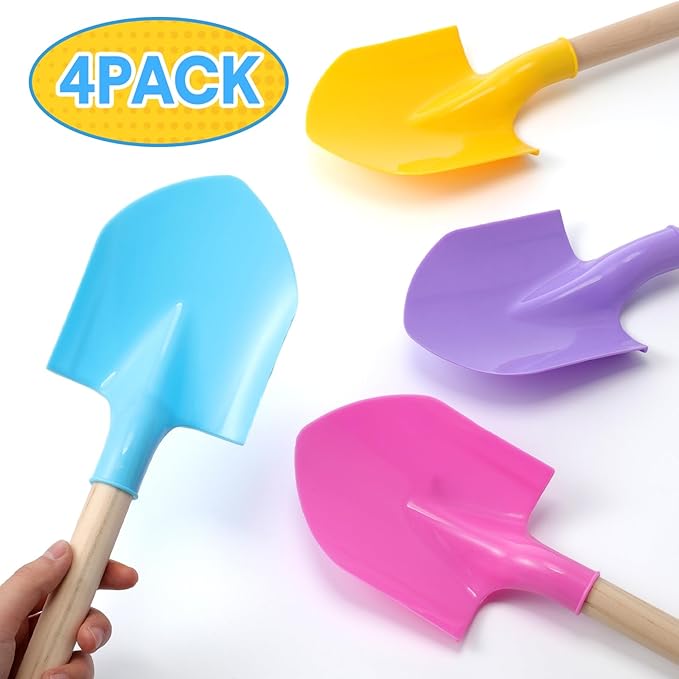 Honoson 4 Pack 16 Long Beach Spades Sand Shovels Toys Gardening Tools Sets Sandbox Sturdy Scoop Durable Wood Handle ABS Plastic Spade for Garden Sand Snow Backyard Summer Favors (Lovely Color)