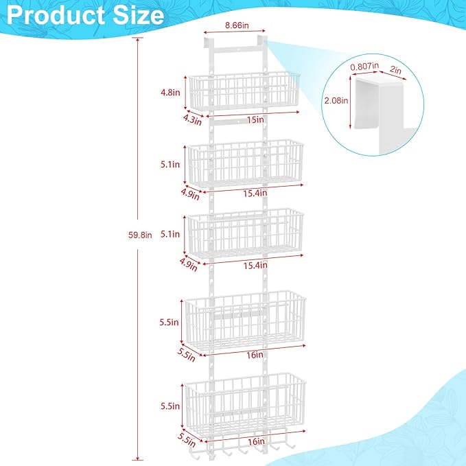 Hongtamoya Over The Door Organizer, Hanging Door Organizer with 5 Metal Baskets, Behind The Door Storage for Pantry Closet Bedroom Bathroom Cabinet Kitchen, White