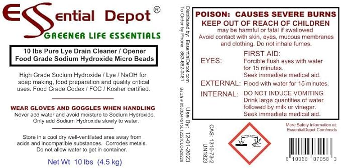 Essential Depot 40 lbs Bottle Food Grade Sodium Hydroxide Lye Evenly-Sized Micro Pels (Beads or Particles) - Lye Drain Cleaner - HDPE Container with Resealable Child Resistant Cap and Handle