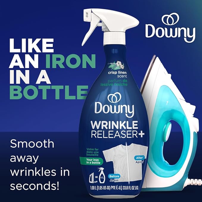 Downy Wrinkle Releaser Spray, All In One Formula, Removes Wrinkles, Static and Odor Eliminator, Crisp Linen Scent, 33.8 Fl Oz (Packaging May Vary),(Pack of 4)