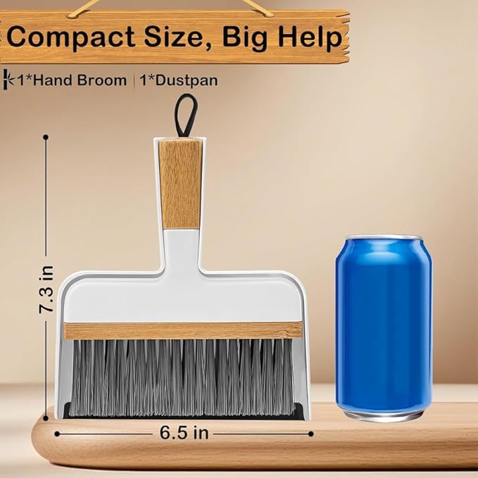 THINKLEARN Mini Dustpan and Brush Set, Portable Broom and Dustpan Combo Set with Bamboo Handle and Soft Rubber Lip, Compact Cleaning Tool for Kids, Car, Desk, Pet, Camping