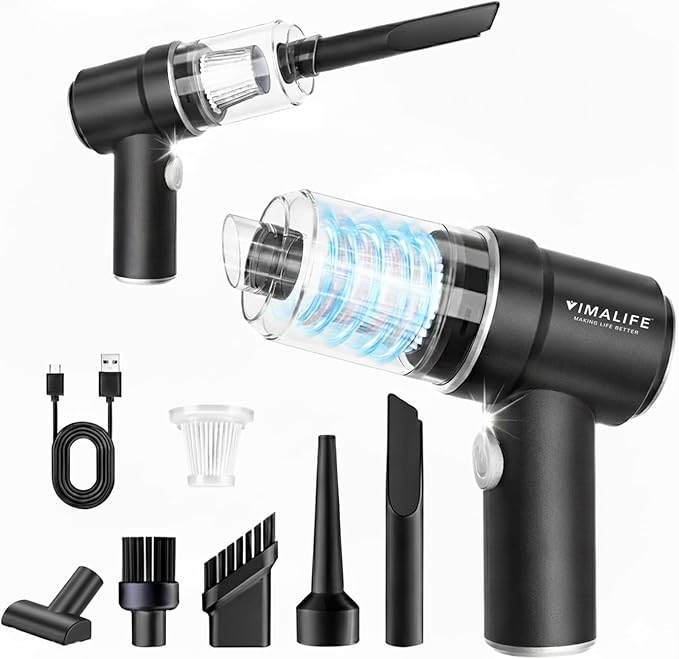 VIMALIFE 10000Pa Cordless Car Vacuum Cleaner & Air Duster, Powerful Handheld Auto Vacuum, 42000RPM Motor, LED Light, Type-C Fast Charge, Washable Filter, 5 Multi-Nozzles for Home, Car, Pet Hair, Black