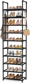 LANTEFUL 10 Tiers Shoe Rack 25 Pairs Large Capacity Tall Shoe Organizer Sturdy Shoe Storage with Two Hooks Space Saving Metal Narrow Shoe Rack for Closet, Entryway, Bedroom, Black