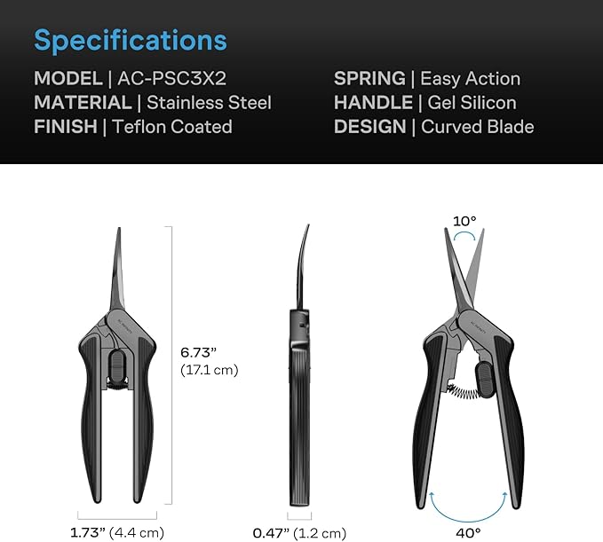 AC Infinity 6.6” Stainless Steel Curved Pruning Shear 2-Pack, Lightweight Ergonomic Design, Curved Precision Blades with Nonstick Teflon Coating for Gardening, Hydroponics, Grow Tents