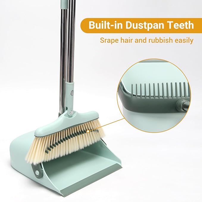 Broom and Dustpan Set,Long Handle Broom and Dustpan Set,Broom with Stand Up Dustpan Combo Set,for Home, Office, Lobby(Green)