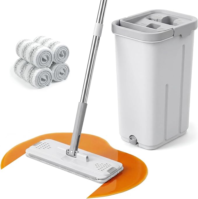 Mop and Bucket Set, Floor Mop and Bucket with Wringer Set, Wet and Dry Mop for Hardwood Floors, Vinyl, Tile, Baseboards and Walls (4 Washable Microfiber Pads Included)