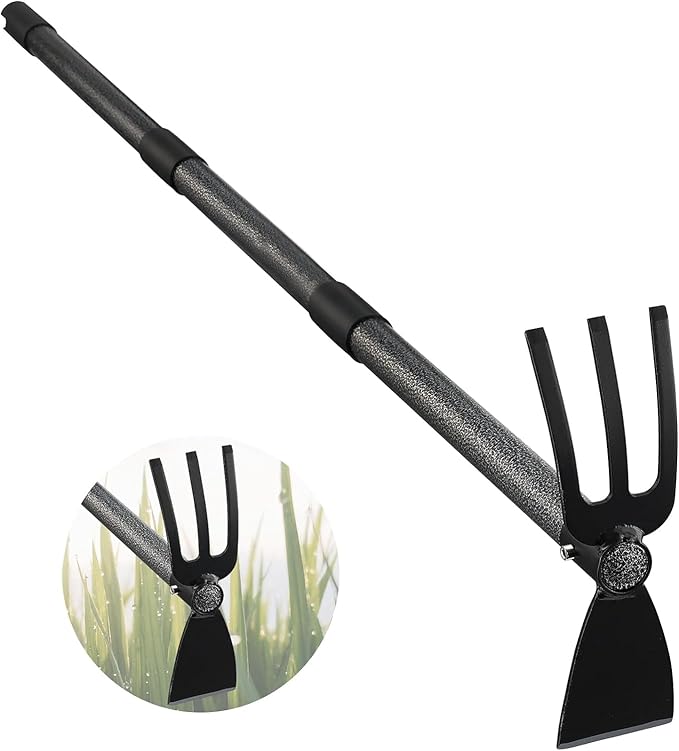 Hoe and Cultivator Gardening Hand Tools, Heavy Duty Stainless Steel Garden Hoe and 3 Fork Hand Tiller for Gardening Weeding Planting with Adjustable Handle 30-45 inch