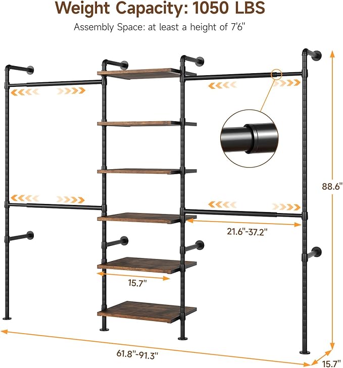 T1 Wall Mounted Closet System, Industrial Pipe Clothing Rack with 6 Wooden Shelves & 4 Telescopic Rods, Heavy Duty Closet Organizers and Storage in Wardrobe Closet (Rustic Brown)