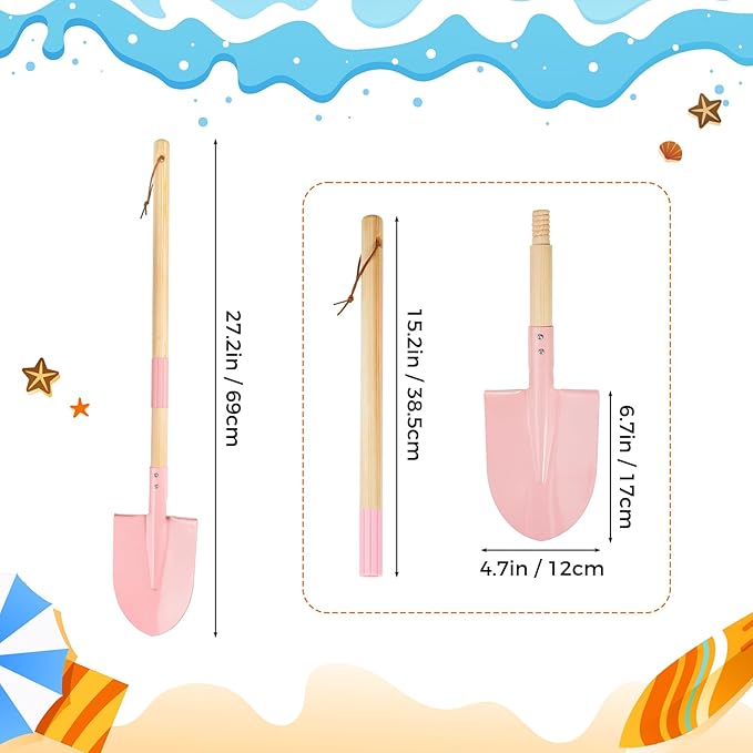 2 Pack Beach Shovels for Kids, 27.2" Long Detachable Kids Shovel with Wood Handle Metal Spade Sand Shovels for Digging Sand Gardening Beach Play Tool for Kids Adults Gifts (Pink)