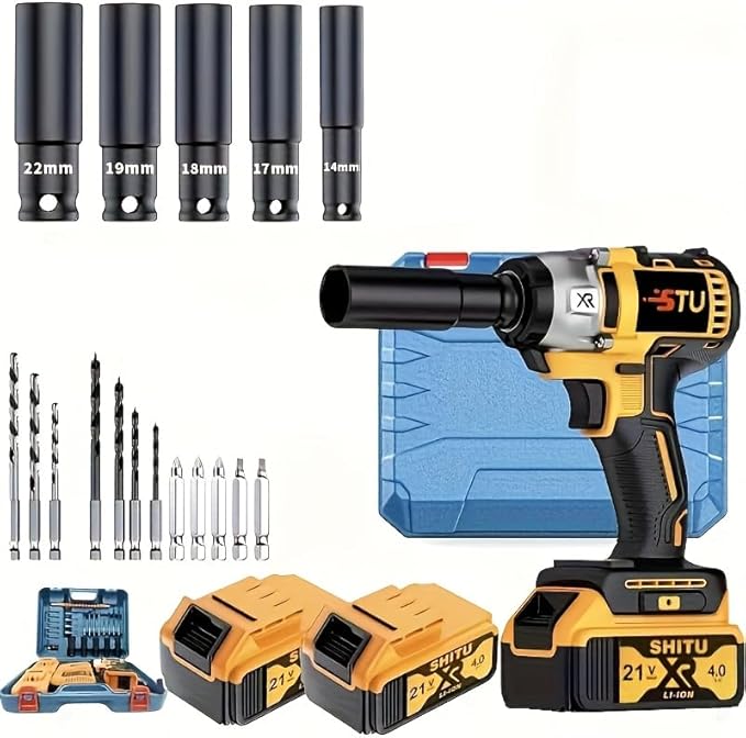 Wireless impact electric wrench kit, impact drill with charger, lithium-ion battery, portable quick charger - suitable for home and car maintenance and repair (Upgrade battery *2 + plastic box)