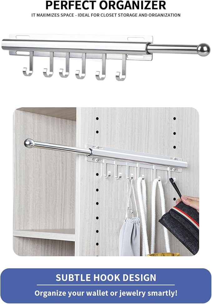 BaiNong 16.5 inch Valet Rod for Closets Pull Out Closet Valet Rod Slide Out Extra Long Silvery Valet Rods for Closets With 6 Hooks