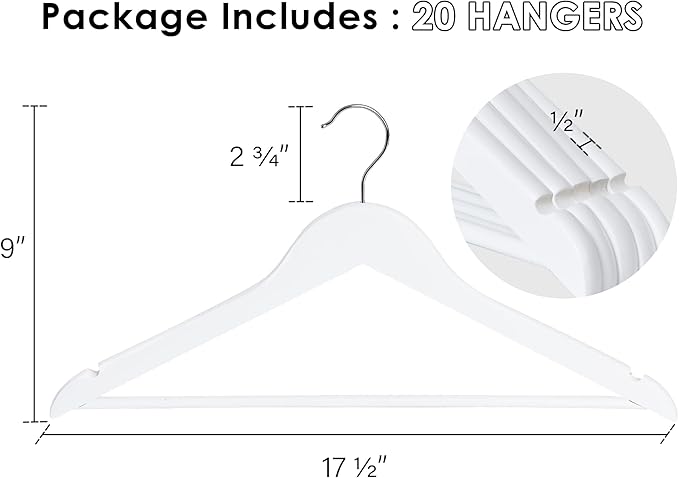 StorageWorks White Wooden Hangers 20 Pack, Heavy Duty Wood Hangers for Closet, Clothes Hangers for Coats, Bridesmaid Suits, Wedding Dress
