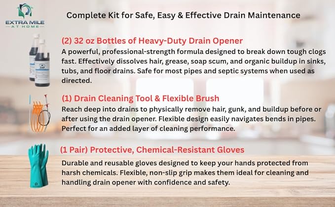 Drain Clog Remover Bundle with Two 32 fl oz Drain Cleaner Bottles, Cleaning Tools & Protective Gloves - 6 Items - Heavy-Duty Acid Formula for Tough Kitchen Sink & Shower Clogs