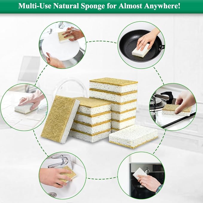 Natural Kitchen Sponge Compostable Kitchen Sponges Cellulose and Coconut Scrubber Abrasive Scrubbing Pads SmilePowo Environmentally Friendly Sponge for Dishes (12 Pack)