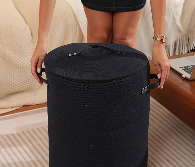 Cottonphant Extra Large Cotton Rope Storage Basket with Lid and Zipper, Versatile Laundry Hamper and Cloth Bin for Clothes, Towels, Blankets, Living Room Organization (All Deep Blue, 16"x20")