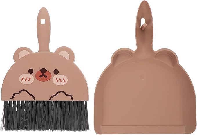 LOGOFUN Mini Dustpan and Brush Set Cartoon Small Broom and Dustpan with Bear Pattern for Home Office Desktop Cleaning Tool - Brown