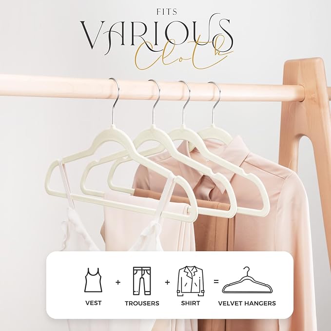 HOUSE DAY Premium Velvet Hangers 50 Pack Ivory, Non-Slip Flocked Felt Hangers, Sturdy Clothes Hanger with 360° Rotatable Hook, Heavy Duty Durable Slim Coat Hanger for Closet Space Saving