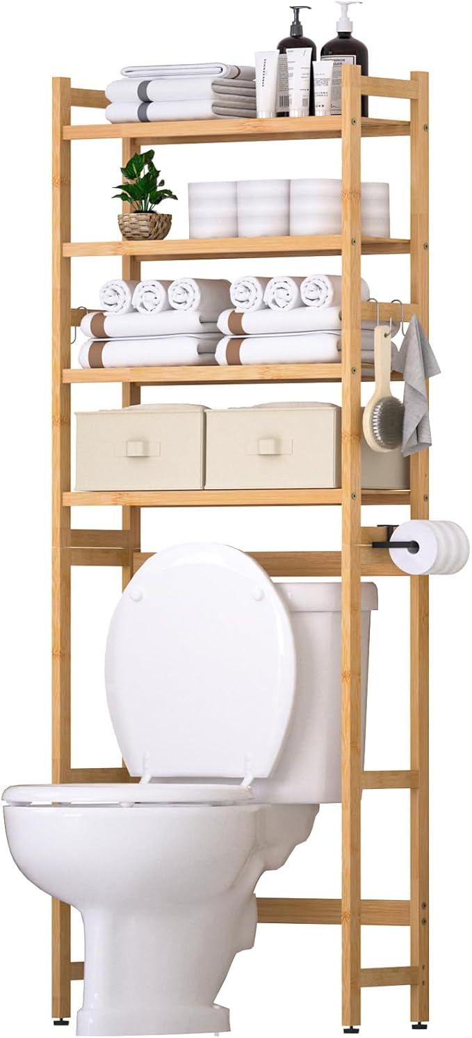 Cozivolife Over The Toilet Storage with 2 Baskets, 4-Tier Bamboo Organizer Rack with Paper Holder & 4 Hooks & Waterproof Feet Pad,Freestanding Shelf for Bathroom(Natural)