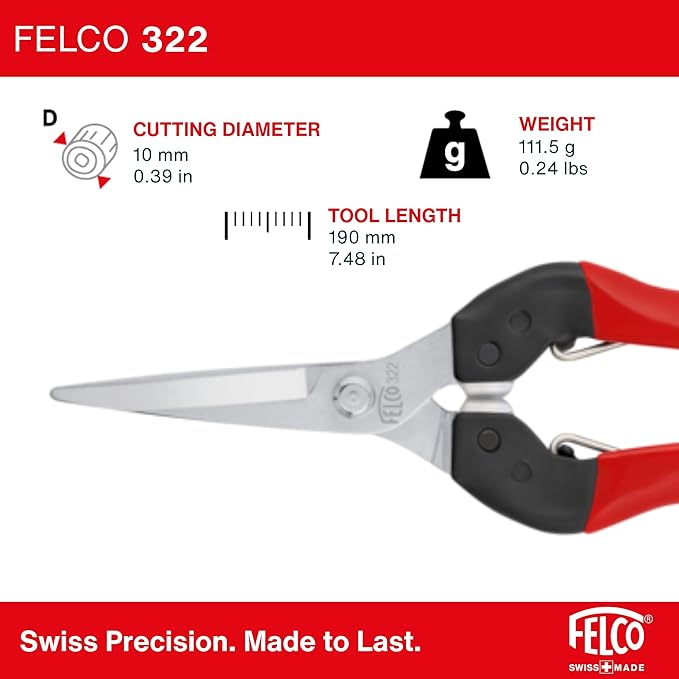 Felco F322 Pruning Snips – 9.84" Garden Clippers with Curved Blade & Rounded Tip | Pruning Shears for Gardening | Garden Snips and Pruners with Carbon Steel Blade, Sap Groove