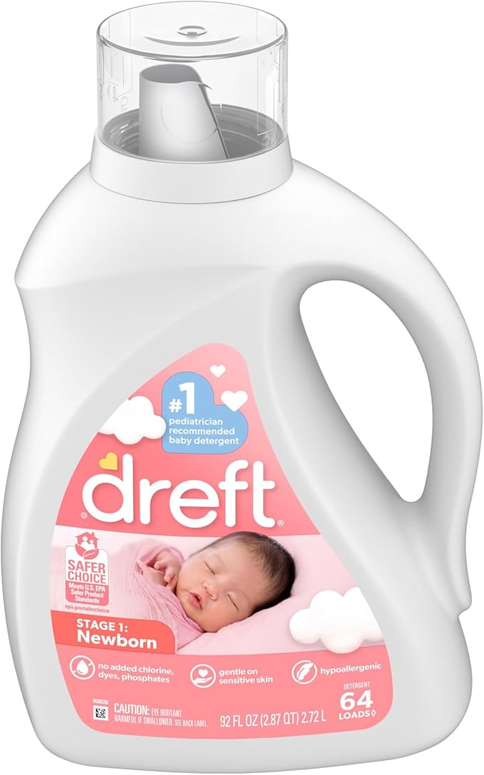 Dreft Stage 1 Newborn Baby Liquid Laundry Detergent, Gentle on Sensitive Skin, HE Compatible, 64 loads