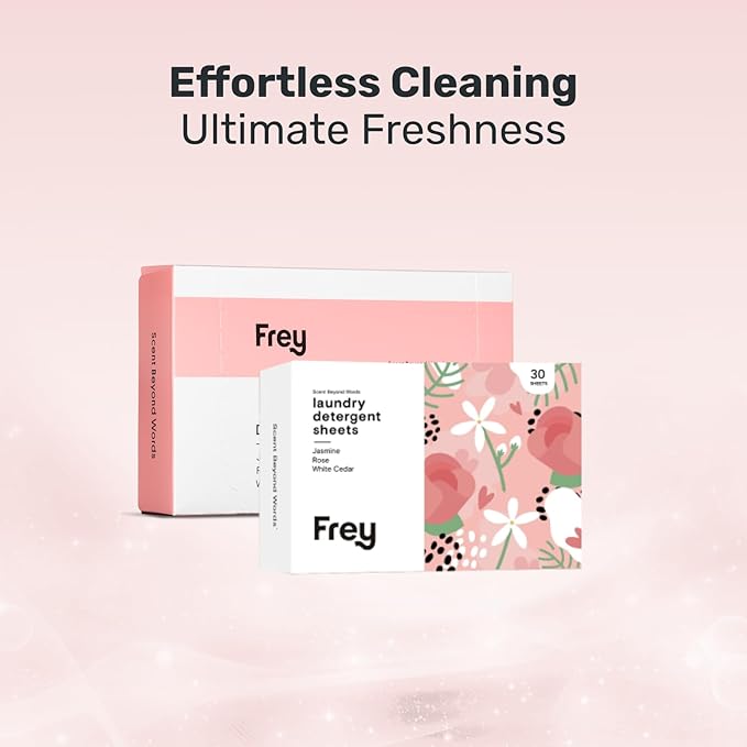 FREY Laundry Detergent & Dryer Sheets Bundle | 60 Count | Plastic Free | Liquidless Full Wash Solution | Soft Fresh Clothes (Jasmine Meadow)