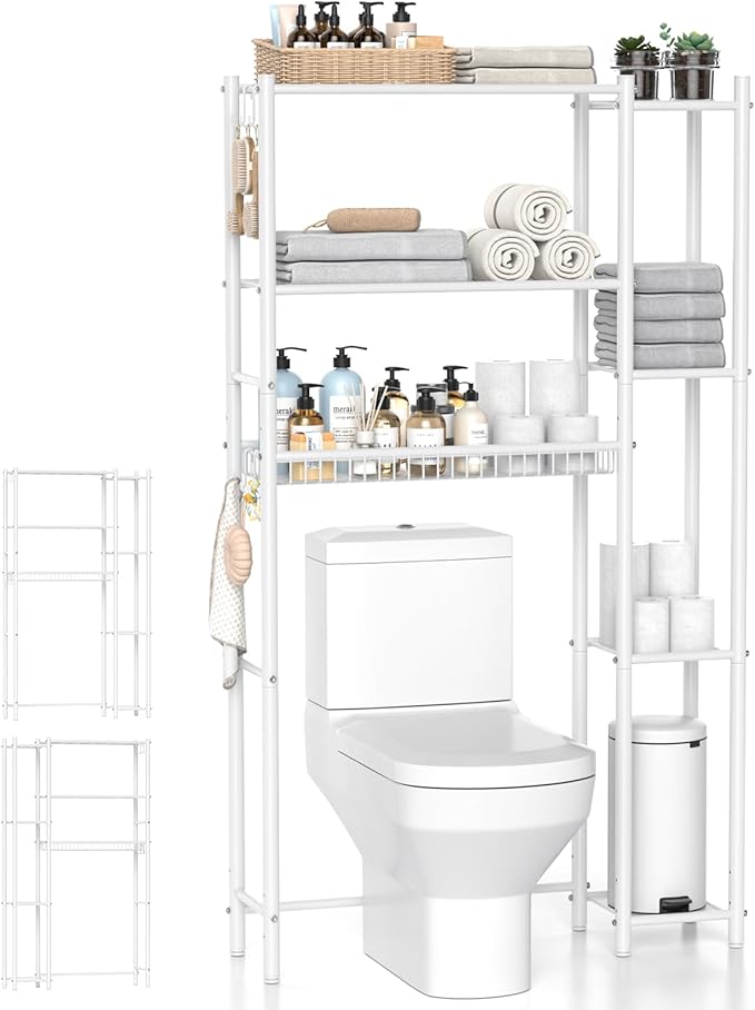 Hodonas Over The Toilet Storage Organizer - 7 Tiers Space Saving Bathroom Shelves, Adjustable Above Toilet Shelf Rack, Metal Organizer Shelf Over Toilet for Bathroom Storage and Organization, White