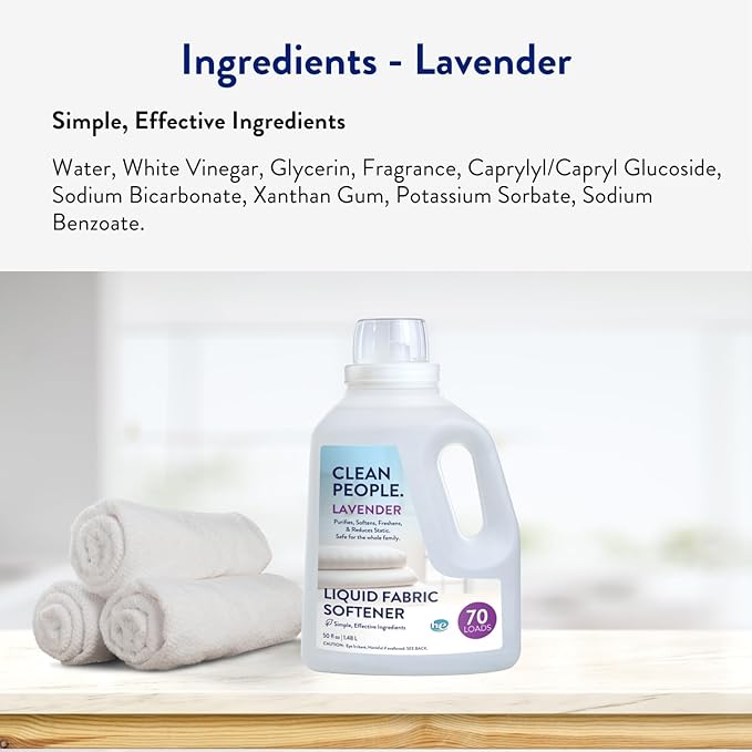 Clean People All Natural Liquid Fabric Softener - Plant-Based, Eco Friendly - Naturally Softens & Removes Static Cling - Vegan - Lavender Scented Laundry Softener - 50 fl oz - 70 loads