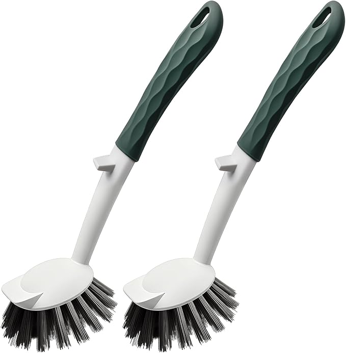 Dish Brush, 2 Pack with Comfortable Handle, with Built-in Scraper, Scrub Brush with Medium Firm bristles for Cleaning Dishes, Sink, Pots(Green)