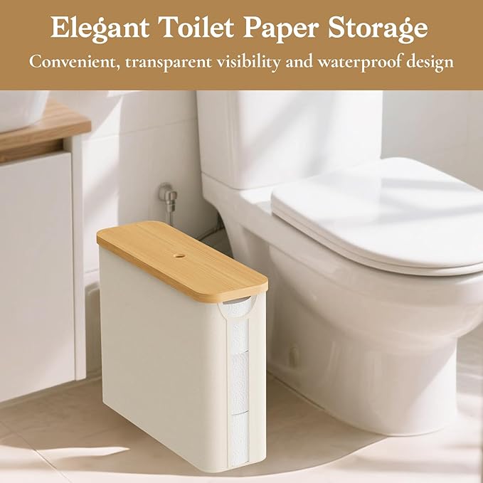 Toilet Paper Storage Basket with Bamboo Lid, Toilet Paper Holder with Storage, Free Standing Bathroom Storage Organizers with Non-Slip Bottom Beige, 1 Pack