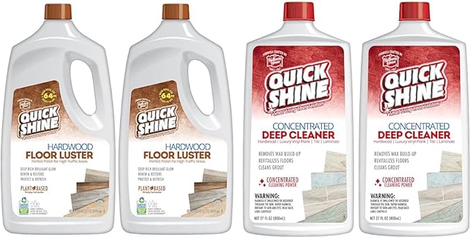 Quick Shine Hardwood Floor Luster 64oz, 2Pk | Plant-Based Cleaner & Polish w Carnauba | Simply Squirt & Spread | Don't Refinish It & Multi Surface Deep Floor Cleaner and Wax Remover 27oz, 2Pk