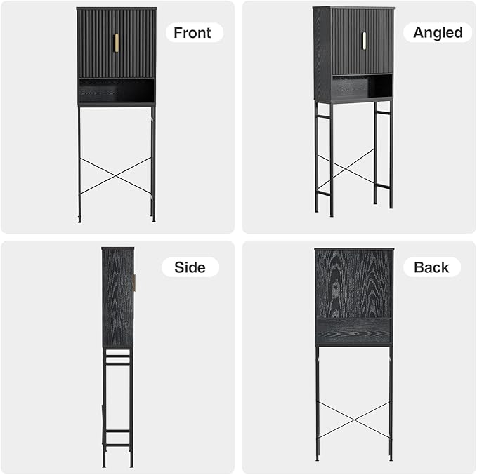 Over The Toilet Storage Cabinet with Fluted Doors and Adjustable Shelf, Tall Bathroom Organizer with Metal Stand Space Saver Over Toilet , Wood Rack for Bathroom, Restroom, Laundry, Natural Black