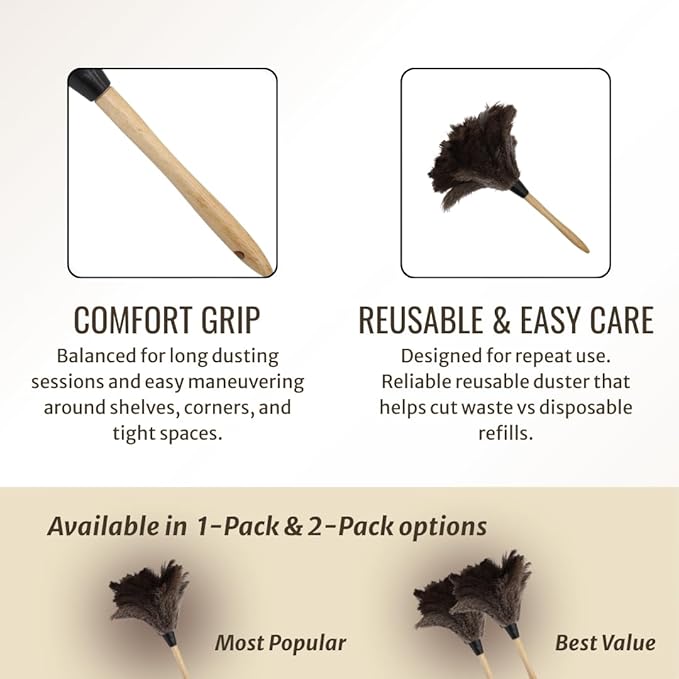 Feather Duster with Ostrich Feathers Wooden Handle 14" – Natural Reusable Duster for Cleaning, Furniture & Shelves, Blinds, Ceiling Fan, Dusting Tool for Home, Office, Delicate Surfaces - 1 Pack