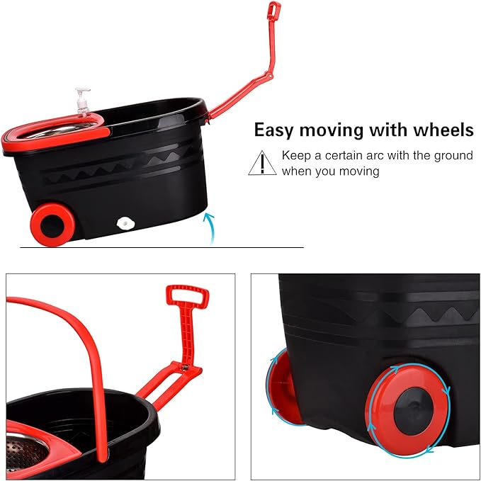 Mop and Bucket Set, 360° Spin Mop and Bucket with Wringer Set and 3 Microfiber Mop Refills, Stainless Steel 61'' Extended Handle Spinning Mop Bucket System for Floor Cleaning