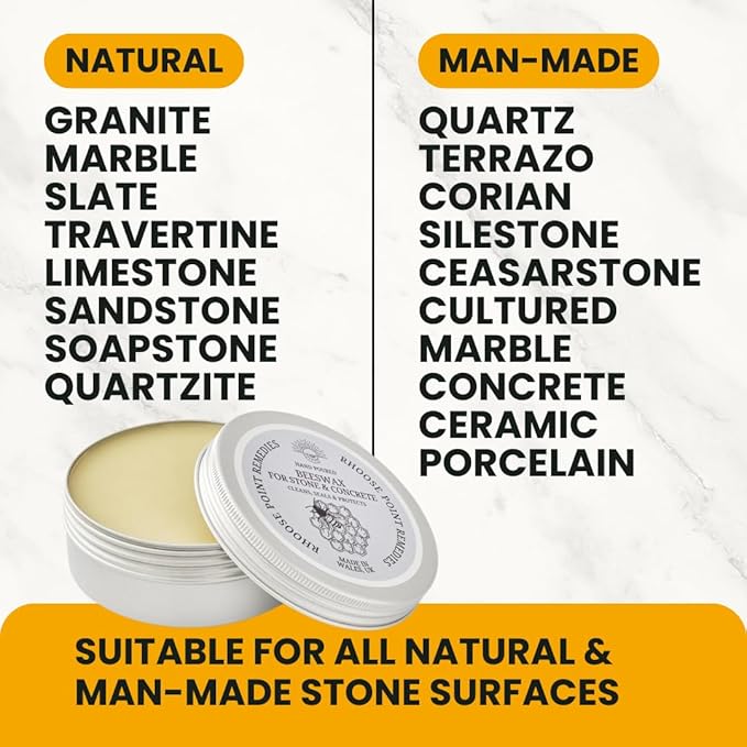 Rhoose Point Remedies Beeswax Polish for Stone & Concrete 3.5 Fl Oz – Cleans, Seals & Protects Natural & Man-Made Surfaces inc. Marble, Quartz, Granite, Slate, Ceramic