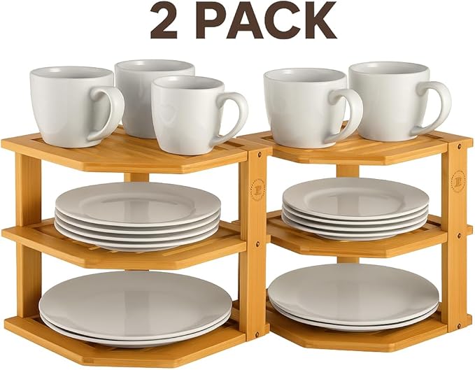 2-Pack Plate Organizer for Cabinet - Bamboo Corner Shelf for Kitchen or Bathroom Storage, Space-Saving Rack for Dishes, Countertop, Cabinet, Pantry - Organization & Housewarming Gift
