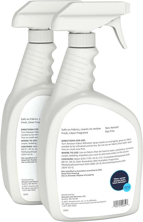 Amazon Basics Fabric Refresher Spray, Fresh Scent, Odor Eliminator, Dye-Free, Quick-Drying, 32 fl oz, Pack of 2