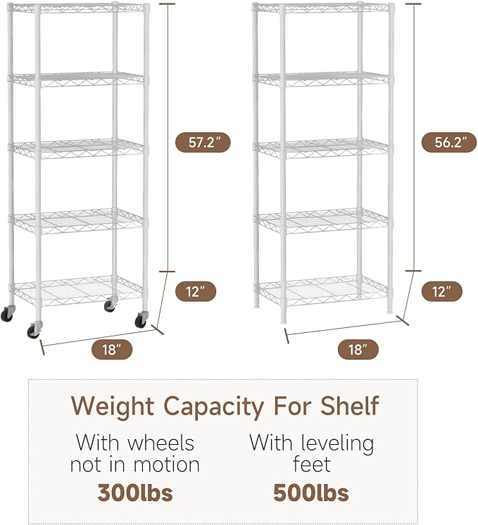 Golpart Small 5 Tier Shelves Storage Wire Shelving Unit Metal Shelf Adjustable Organizers Storage Shelving with Wheels for Bathroom Laundry Room Kitchen Pantry12”D x 18”W x 57.2”H White