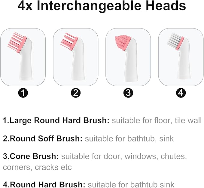 Electric Brush with 4-in-1 Multiple Brush Heads, Cordless Motorized Cleaning Brush for Bathroom, Toilet, Kitchen, Tile, Crevice