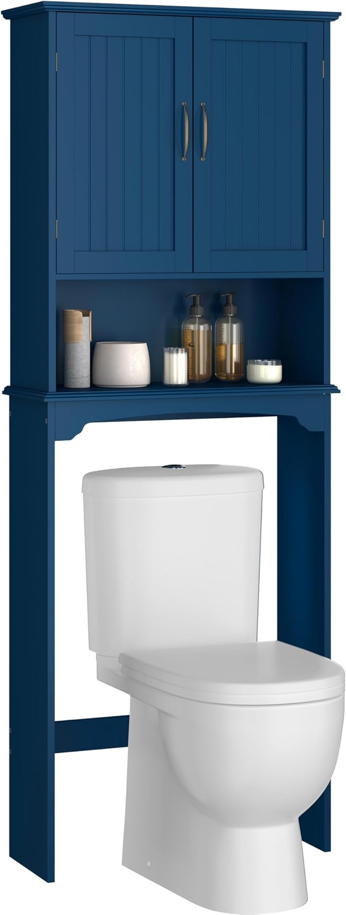 Yaheetech Over The Toilet Storage with 2 Doors & Adjustable Shelf, Free Standing Toilet Rack Wooden Space-Saving Collect Cabinet, Bathroom Furniture, L24.5xW9xH66 in, Navy Blue