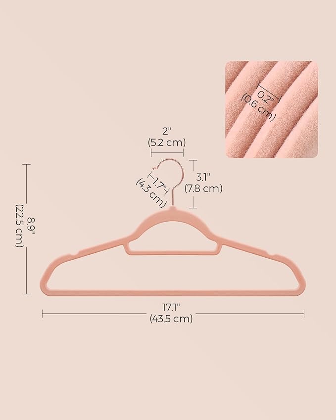SONGMICS Velvet Hangers, Set of 60 Clothes Hanger with Rose Gold Swivel Hook, Non-Slip, and Space-Saving, 0.2-Inch Thick, 17.1-Inch Long for Coat, Shirt, Dress, Pants, Tie, Coral Pink UCRF0021R01