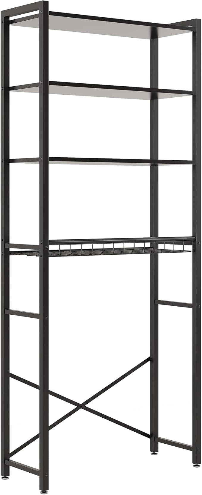 4-Tier Over-the-Toilet Storage Rack with One-Piece Wooden Shelves & Open Net Basket, Bathroom Organizer with Adjustable Feet & Anti-Tip Kit, Space-Saving Toilet Shelf, Black, 24.4" x 9.4" x 69.3"