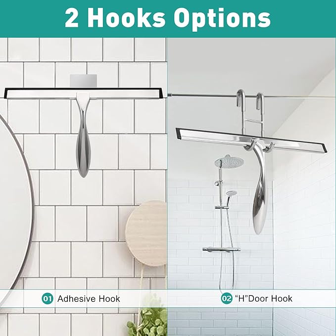 Shower Squeegee for Glass Doors,14-Inch Shower Glass Squeegee, Sliver Shower Squeegee for Shower Doors,Mirror,Windows, with Shower Door Hook and Adhesive Hook