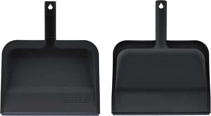 Superio Clip-On Dustpan with Rubber Lip - 10-inch Wide Durable Plastic Dust Pan with Comfort Grip Handle, 2-Pack (Black)