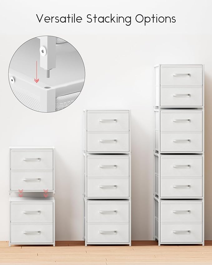 Homsorout Stackable Storage Drawers - 2 Tier Closet Drawers, Closet Organizer with Metal Handles, Night Stand with Collapsible Bins, Fabric Dresser for Bedroom, Dorm, Office, White, 2 Pack