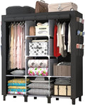 Portable Wardrobe with 10 Storage Racks and 2 Hanging Poles 6 Side Pockets Fleece Cover, Size 130 x 45 x 172 cm, Bedroom Closet Organizer Black